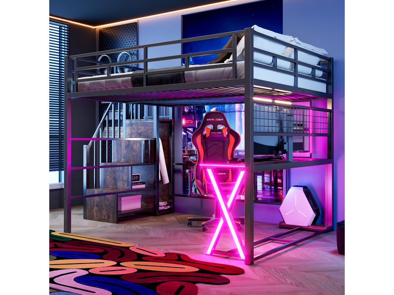  Lit mezzanine 160 x 200 cm – avec éclairage led – échelle avec rangements – avec bureau – noir (matelas non inclus)  - Conforama E