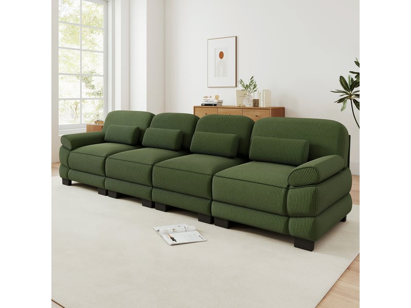 Canapé droit modulable 336 cm 4 places, design carré épuré, base et accoudoirs à matelassage en canaux, coussin lombaire, velours côtelé, vert - Conforama B