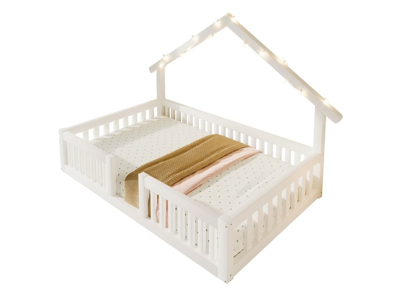 Lit cabane en bois blanc, 90 x 200 cm, avec barrière de sécurité, guirlande led et lit au sol