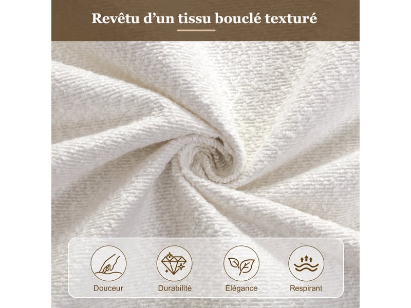  Lit double rembourré 160 x 200 cm avec sommier à lattes, tête de lit capitonnée et pieds en bois massif, bouclé blanc  - Conforama E