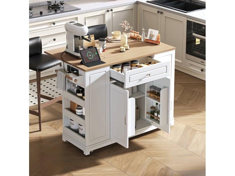 Îlot de cuisine 131.8x40x93.3 cm avec roulettes, plateau extensible, tiroirs multifonctions, compartiment pour bac à déchets, mdf, blanc et naturel - Conforama E