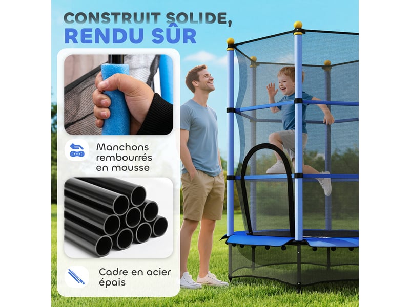 Trampoline enfant ø 1,40 × 1,90h m filet de sécurité porte zipée couvre-ressorts 6 poteaux rembourrés inclus bleu - Conforama D