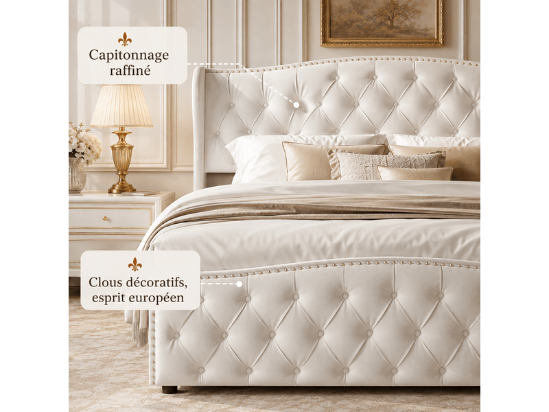 Lit 160 x 200 cm en velours, lit rembourré avec coffre de rangement hydraulique, lit double avec sommier à lattes et tete de lit capitonné, décor avec boutons,2 personnes, sommier à lattes, chambre adulteado, cadre de lit velour… - Conforama D