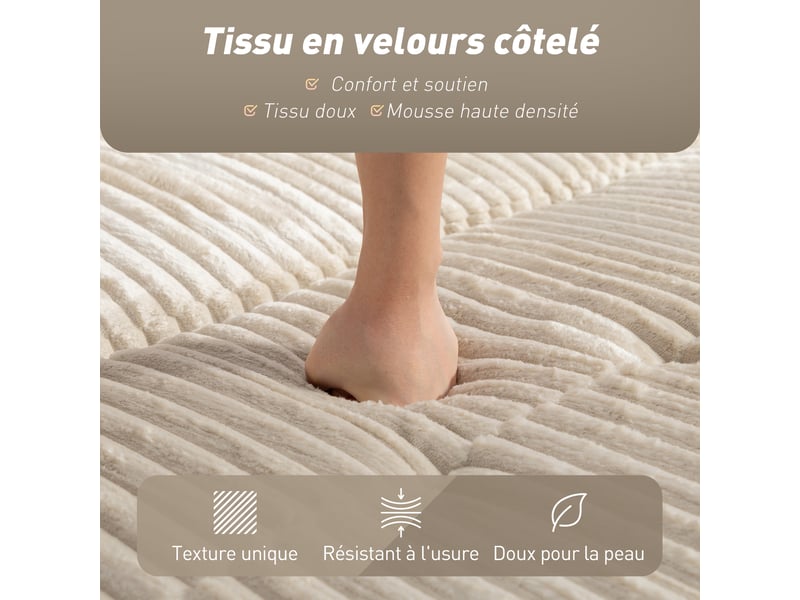  Canapé convertible 2 places canapé-lit en velours côtelé 157x190cm crème dossier réglable poches latérales et 2 coussins  - Conforama R