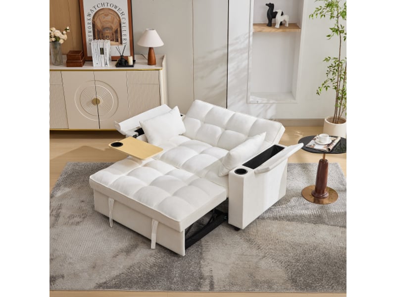  Canapé droit convertible 2 pl 3-en-1 avec dossier réglable, table et porte-boissons, usb type-c, tissu et mousse, beige  - Conforama E