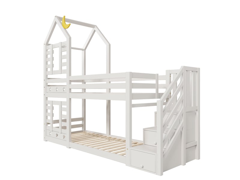 Lit superposé enfant 90x200 cm, rangements, barrière de sécurité, 2 sommiers, 3 tiroirs, pin, mdf, blanc, sans matelas - Conforama C
