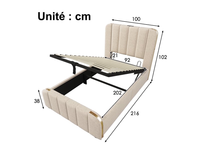  Lit coffre simple 90x200 cm en lin beige avec rangement hydraulique, usb, type-c et matelas inclus  - Conforama D