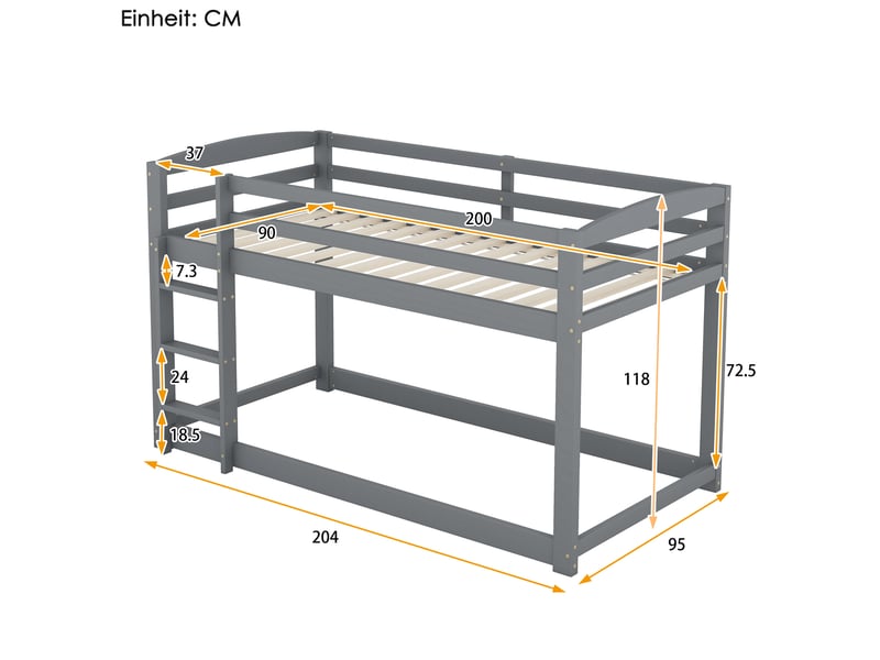 Lit superposé enfant 90x200 cm avec sommier - lit simple cadre en pin - gris (sans matelas)  - Conforama C