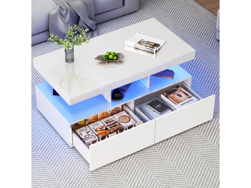  Table basse laquée blanche – éclairage led rgb – 2 tiroirs extra-larges – plateau à plusieurs niveaux – grand espace de rangement  - Conforama E
