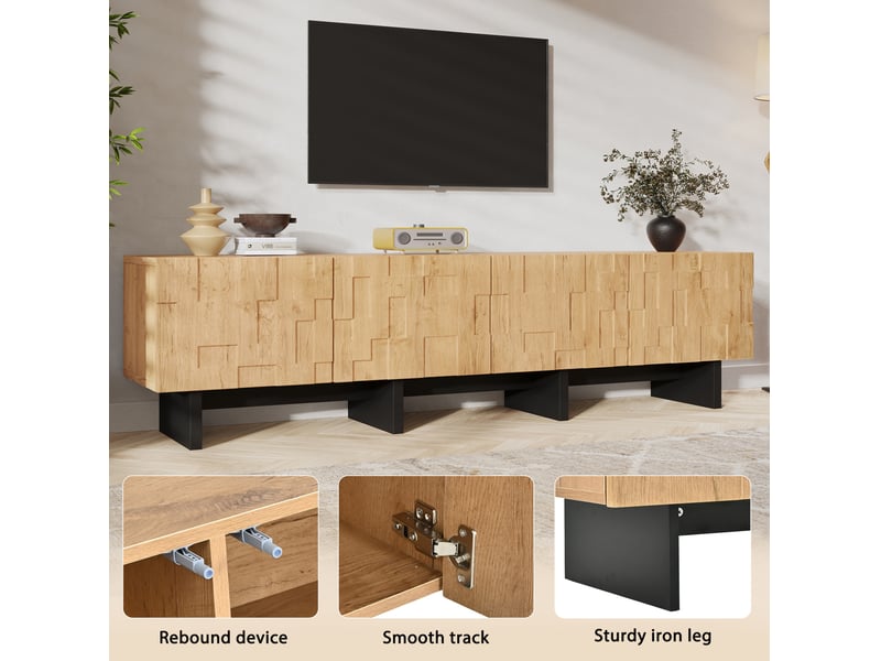  Meuble tv 4 portes, 4 rangements fermés à ouverture par pression, pieds noirs, salon, mdf naturel 180 × 38,5 × 45 cm  - Conforama E