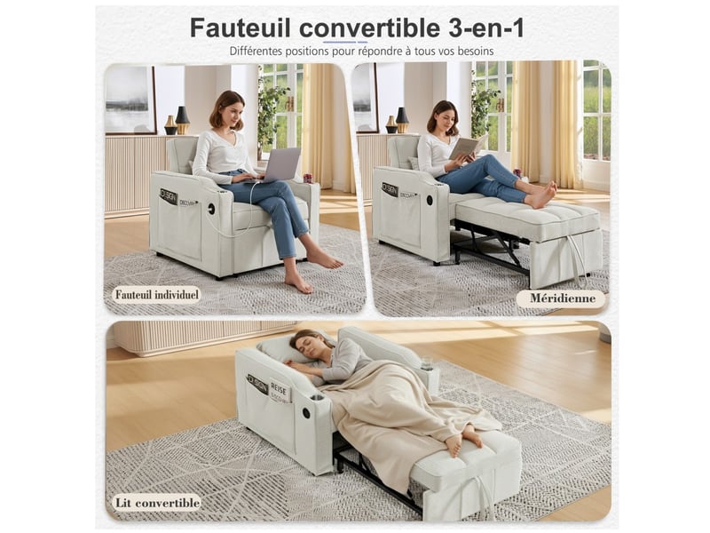  Fauteuil convertible 1 place - 190x85x86 cm - fauteuil 3-en-1 avec ports usb type-c et porte-gobelet avec fonction de lit- beige  - Conforama C