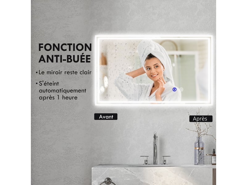  Miroir de salle de bain rectangulaire mural lumineux led ou horizontal vertical, 100 x 60 cm  - Conforama R