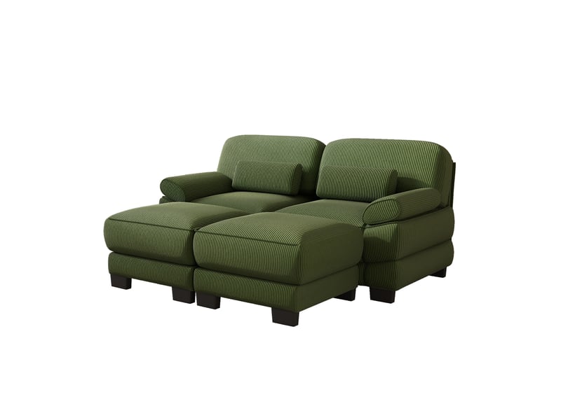  Canapé 2 places modulable avec 2 poufs, structure stable, assise profonde, coussins épais, tissu cord doux, salon appartement, vert  - Conforama A