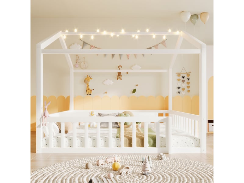  Lit enfant 90x190 cm modulable en 180x190 cm maison avec led barre de sécurité bois de pin minimaliste blanc BUYDEEMEUS - Conforama B