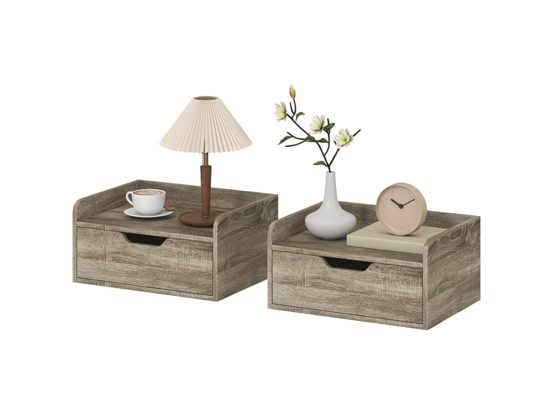  Lot de 2 tables de chevet murales, tables de nuit avec tiroir et plateau à rebords surélevés, 40x30x19,5cm, gris  - Conforama B