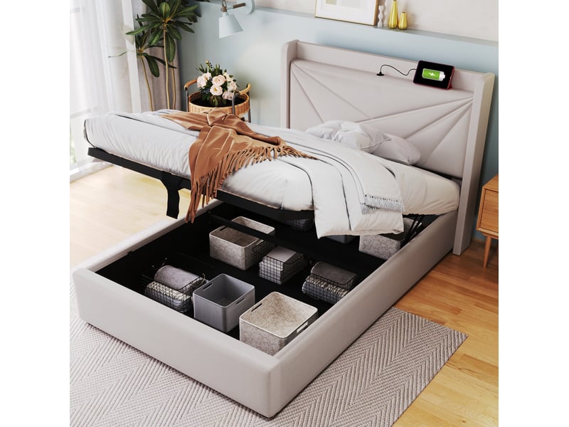 Lit coffre 90x200 cm avec prises usb et usb-c, tissu coton et lin beige - Conforama C