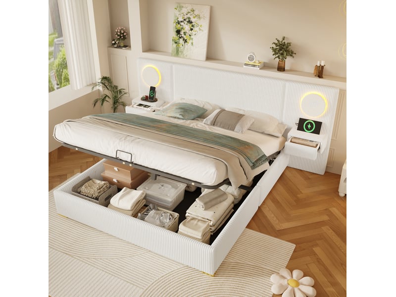  Lit coffre 180 x 200 cm en velours beige avec tête de lit led et ports usb  - Conforama B