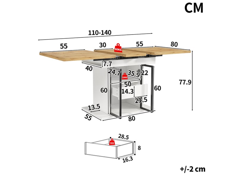  Table de salle à manger extensible avec 2 tiroirs, étagères réglables et led, portes vitrées, en mdf blanc  - Conforama C