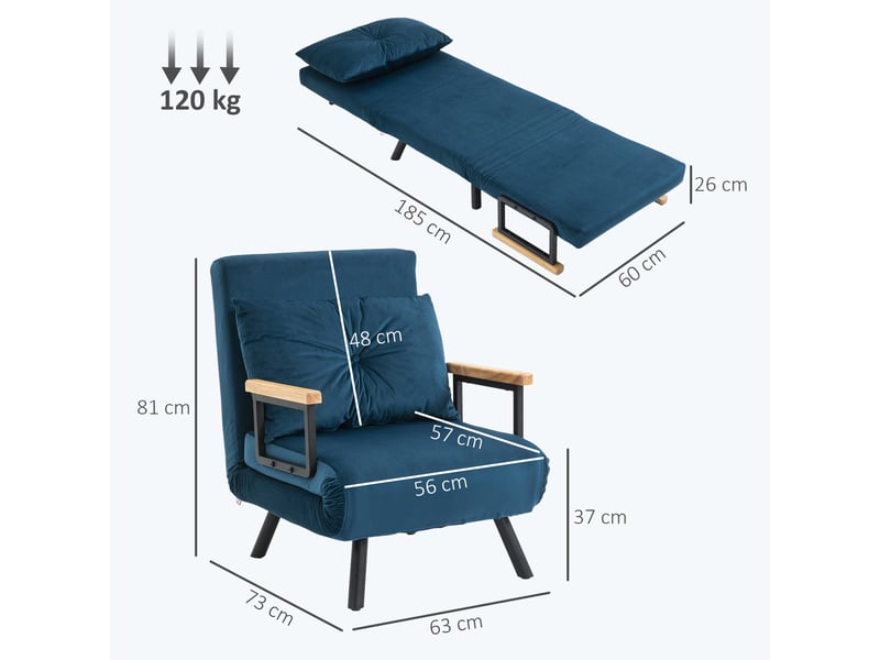  Fauteuil convertible 1 place en tissu effet velours bleu 63x73x81 cm  - Conforama C