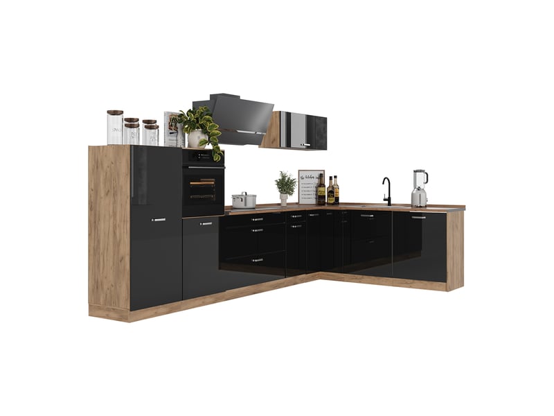  Vicco cuisine en angle, noir haute brillancechêne doré, 347 x cm sans plan de travail  - Conforama E