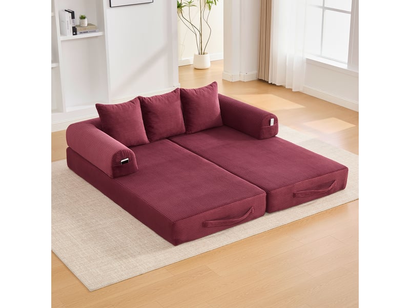 Canapé-lit 3 places convertible canapé au sol canapé modulable canapé compressé en velours côtelé avec structure en métal, rouge - Conforama E
