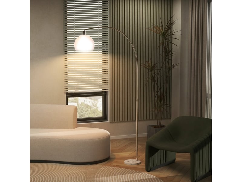  Lampadaire 90x26x180 cm blanc en métal, tête courbée et interrupteur au pied pour éclairage intérieur  - Conforama D