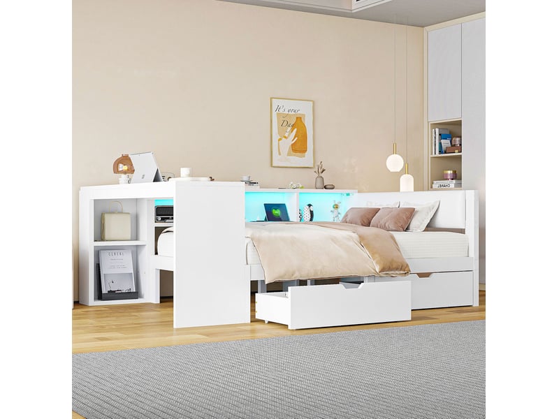  Lit plateforme 140x200 cm avec tiroirs, étagères, led et station de charge blanc  - Conforama D