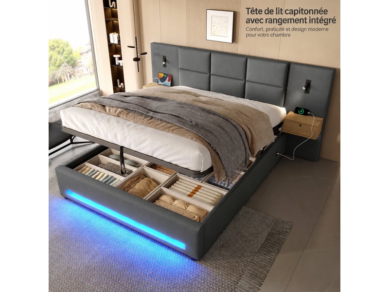 Lit coffre 160 x 200 cm en velours gris foncé, ouverture hydraulique, tiroirs, led et usb-c  - Conforama B