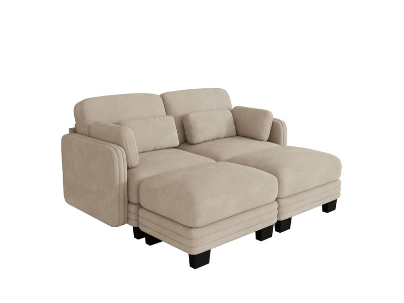  Canapé panoramique 2 places 176 x 143 x 88 cm avec 2 poufs, assise profonde et modules combinables, tissu chenille, marron clair Morn Vibe - Conforama A