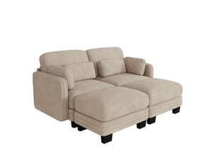 Canapé panoramique 2 places 176 x 143 x 88 cm avec 2 poufs, assise profonde et modules combinables, tissu chenille, marron clair