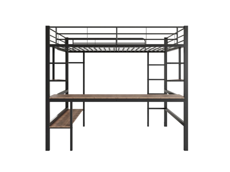  Lit mezzanine 90x200 cm, avec bureau et étagères, en métal, noir, sans matelas  - Conforama E