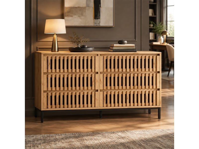  Buffet bas commode 6 tiroirs 120x40x81 cm, 5 pieds, mdf et panneaux de particules, bois clair  - Conforama B