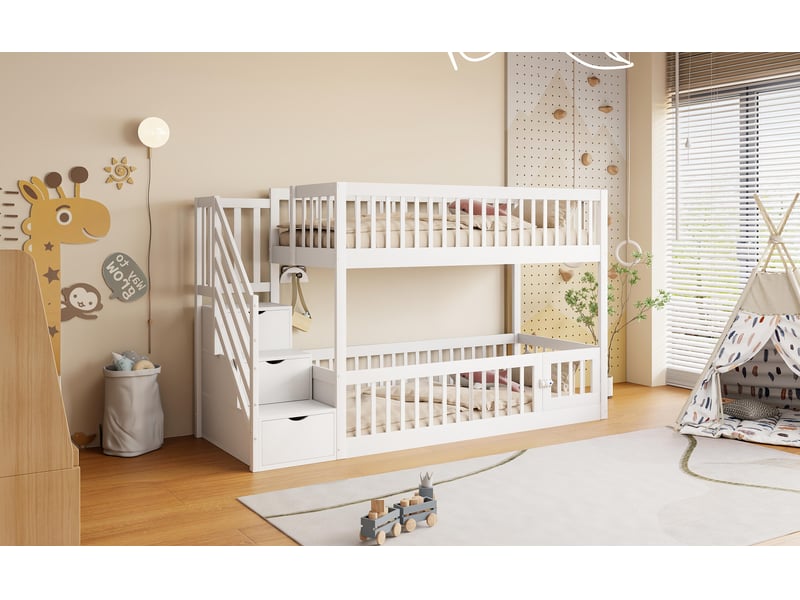  Lit superposé 90x200 cm en bois massif blanc avec échelle et rangements pour enfant  - Conforama W
