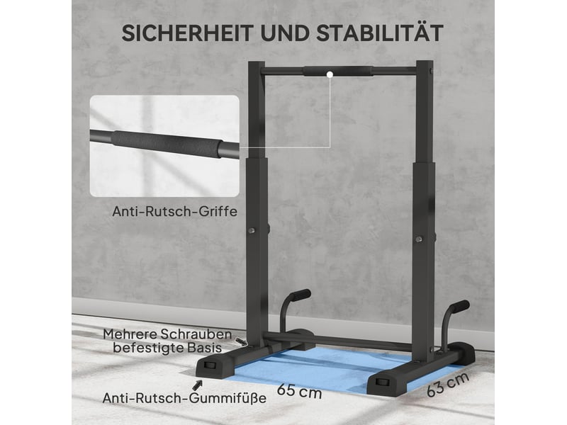  Station de dips réglable 93-117 cm avec barre de traction et 4 poignées de pompes, acier noir, jusqu'à 540 kg  - Conforama B