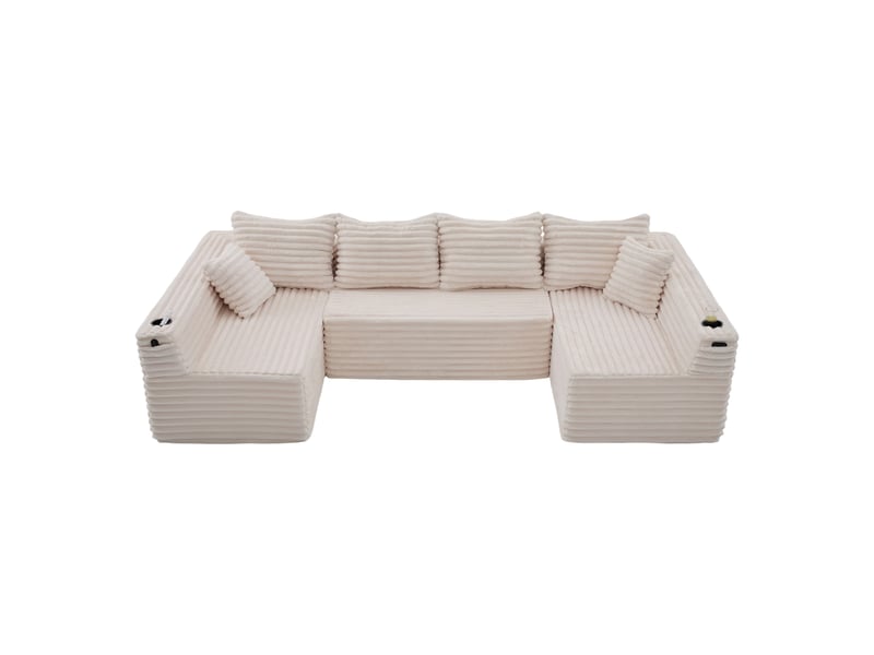 Canapé panoramique en u modulable avec porte-gobelets, poches et coussins en velours côtelé beige, 320 × 155 × 88 cm - Conforama A
