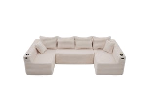 Canapé panoramique en u modulable avec porte-gobelets, poches et coussins en velours côtelé beige, 320 × 155 × 88 cm