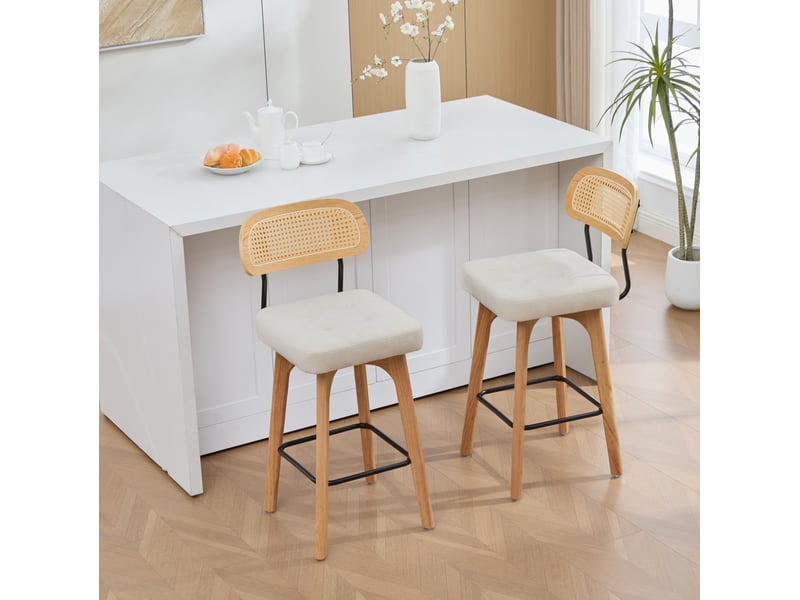  Lot de 2 tabourets de bar pivotants 360° en tissu beige, dossier en paille, style mid-century et confort  - Conforama E