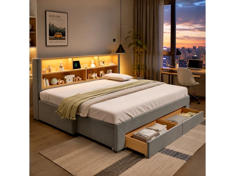  Canapé-lit 90x200 cm, lit enfant, couchage d'appoint, 2 tiroirs, extensible, led, port usb, velours gris  - Conforama A