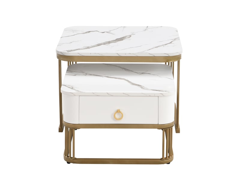  Tables basses gigognes avec 1 tiroir et plateau effet marbre, finition brillante, pour salon, blanc et doré  - Conforama E
