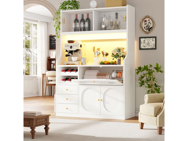  Buffet cuisine 4 portes et 3 tiroirs, 120 x 40 x 180 cm, éclairage led, portes coulissantes et range-bouteilles, mdf, blanc Morn Vibe - Conforama D