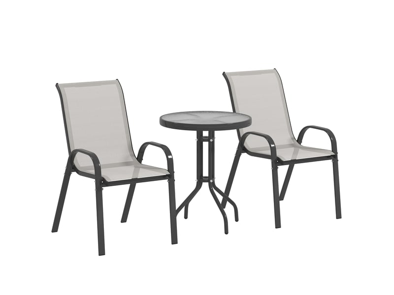  3 pièces salon de jardin extérieur ensemble de meubles 2 fauteuils empilables table basse dessus verre trempé gris clair  - Conforama A