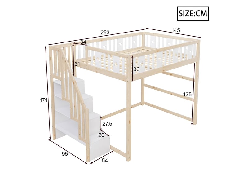  Lit mezzanine 140x200 cm bois massif pin, escalier avec étagères - lit double - décor étoiles et lune, espace libre, sécurisé, blanc  - Conforama C