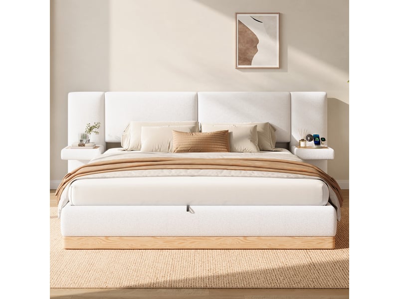 Lit coffre rembourré 180x200 cm - avec étagères en tête de lit et ports usb - tissu teddy + pu - blanc+naturel (sans matelas) - Conforama C