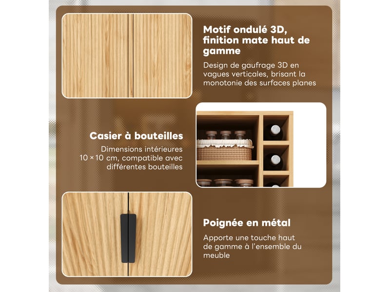  Buffet haut de cuisine 105x40x180 cm, 3 tiroirs, casier à bouteilles, led, prises intégrées, mdf naturel  - Conforama E