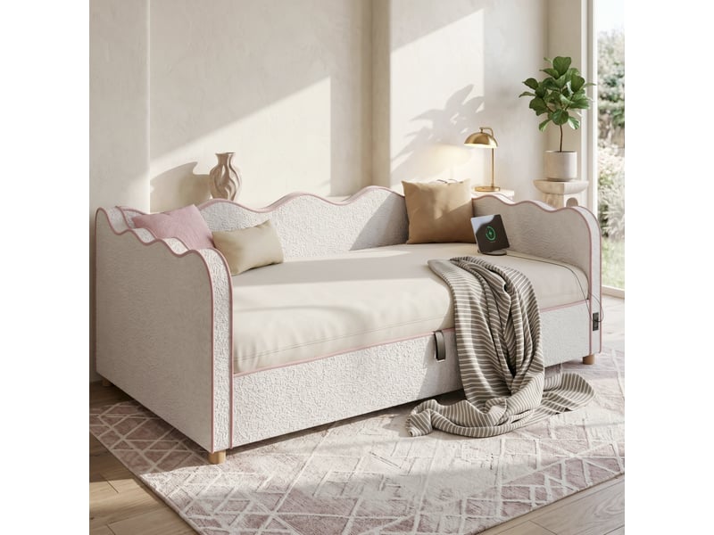  Lit banquette beige lit coffre 90x200 tissu bouclette - rangement hydraulique et prise usb  - Conforama R