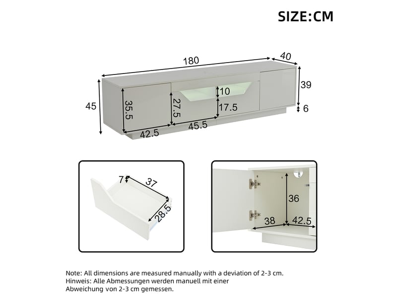  Meuble tv led avec 2 portes 2 tiroirs et 2 niches semi-ouvertes, finition brillante, blanc, 180 × 40 × 45 cm  - Conforama E