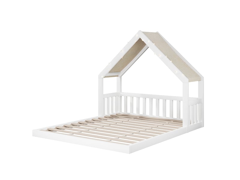 Lit cabane enfant 140x200 cm avec toit en tissu et guirlande lumineuse, blanc, sans matelas - Conforama E
