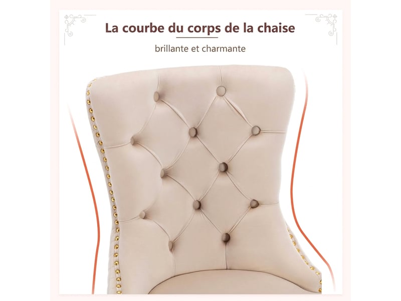  Lot de 6 chaises de salle à manger en velours beige, pieds en acier inoxydable doré, finition avec clous décoratifs et anneau au dos  - Conforama E
