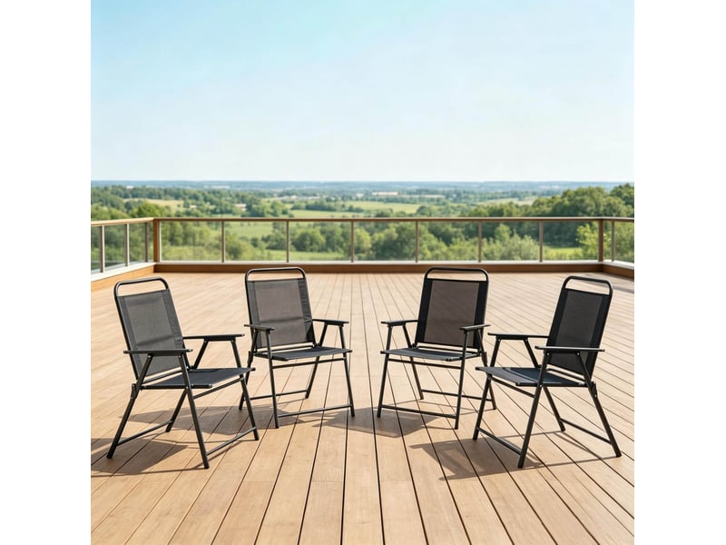  Lot de 4 chaises de jardin pliantes noires avec dossier haut, accoudoirs et structure en acier  - Conforama C