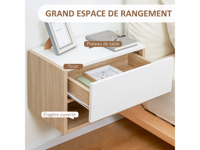 Lot de 2 tables de chevet murales flottantes tiroir étagère 46 x 30 x 30 cm contemporain en panneaux de particules blanc 21_0001461  - Conforama D